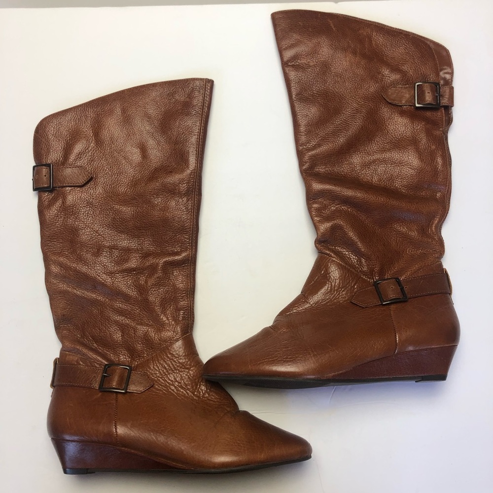 Cathy Jeans Wedge Leather Booties Cognac Brown